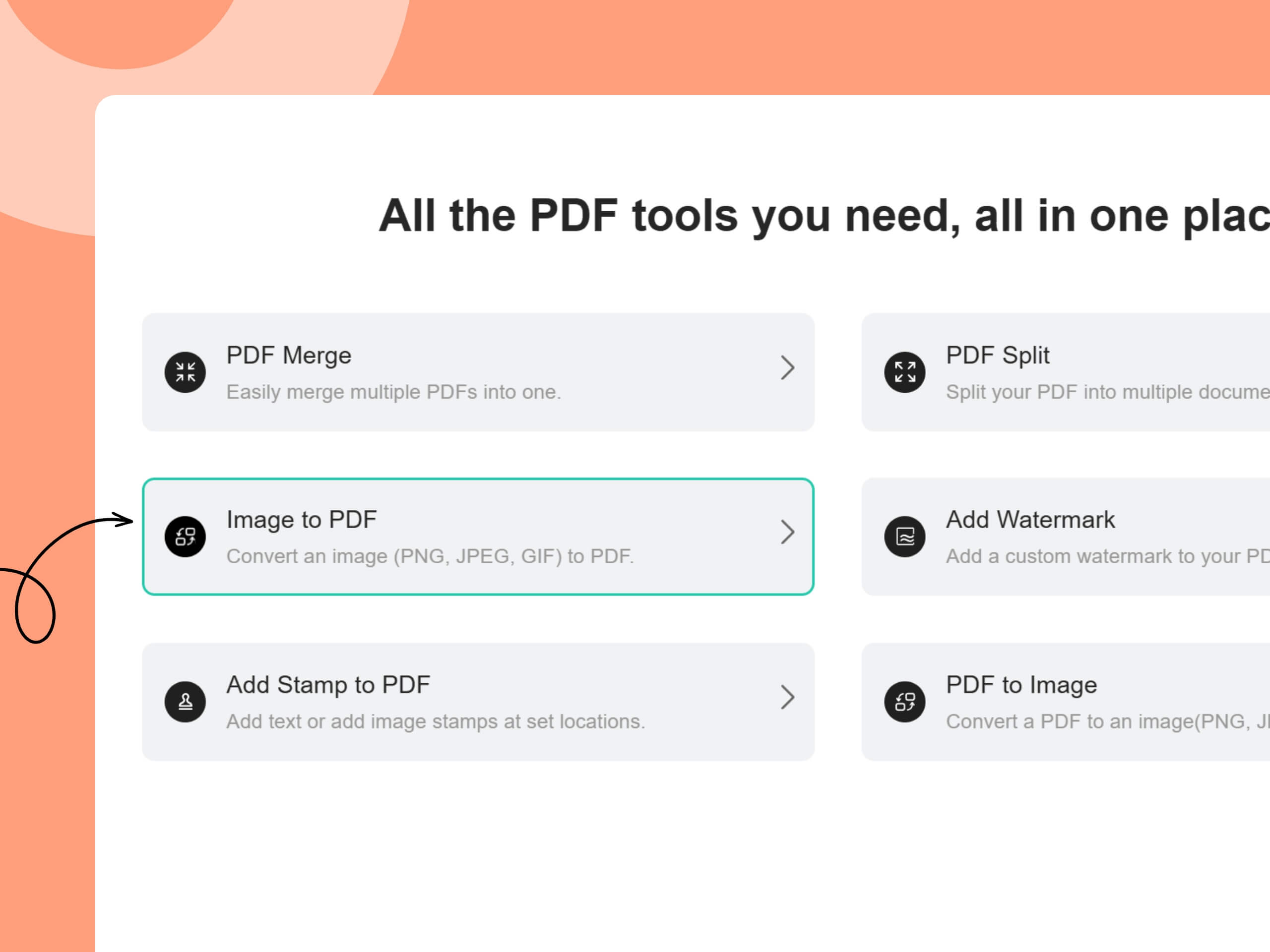 Select the PDF tool you want to use on Smallppt, like split, merge, protect, or convert
